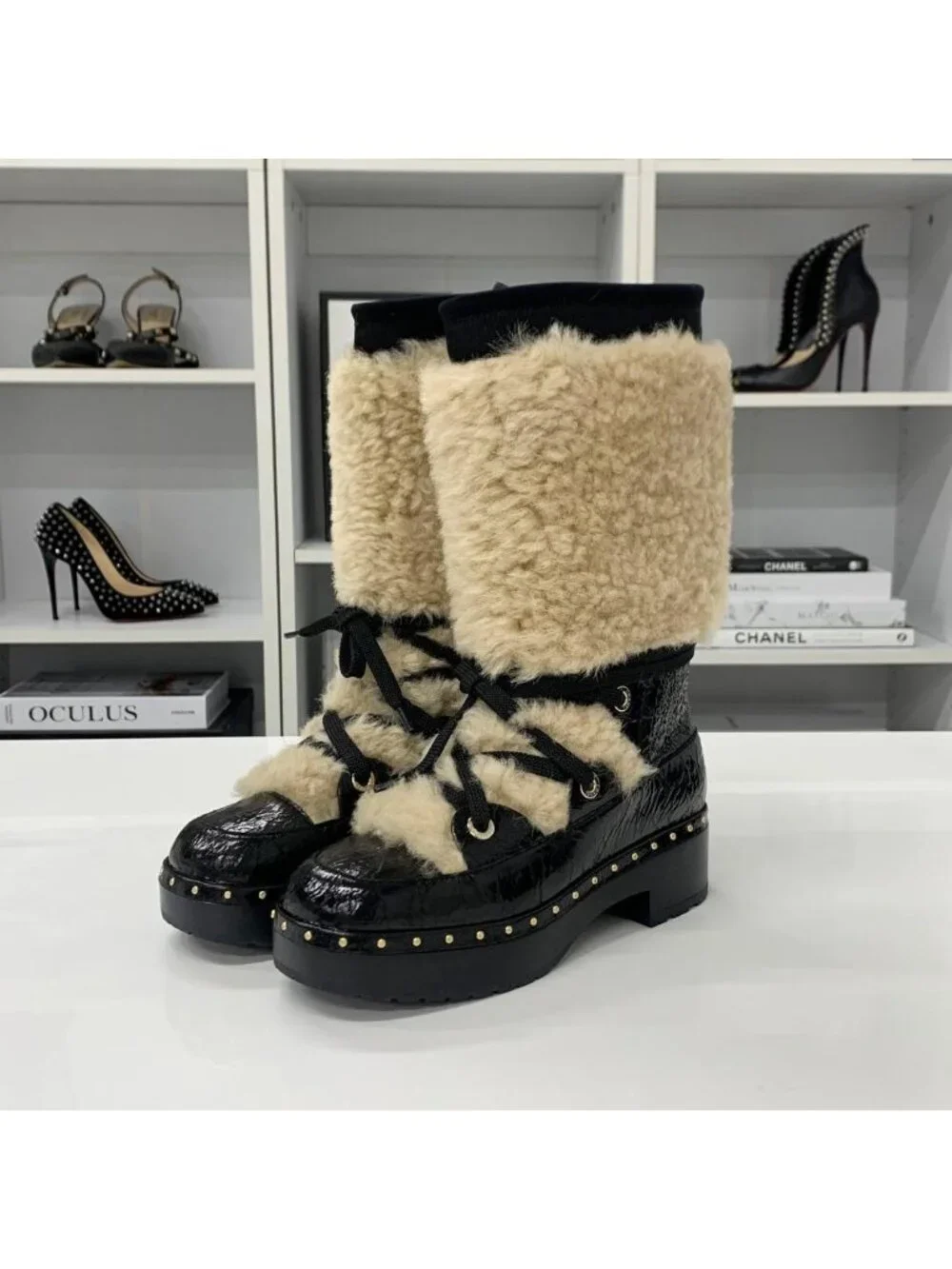 Chanel CC Logo Crinkle Shearling Leather Middle Boots Black